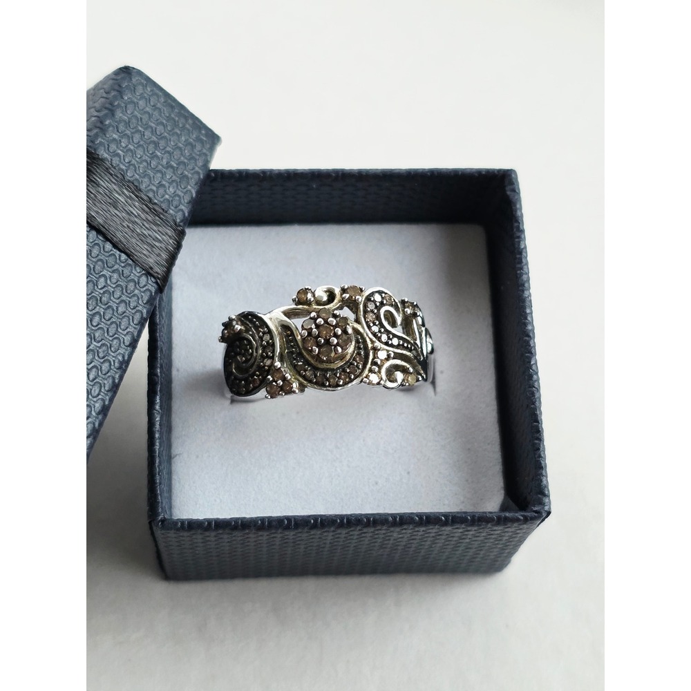 Sterling Silver 925 Black Diamond Filigree Scroll Statement Ring Size 7.25
